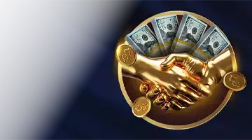 Graphic of a golden handshake with dollar bills, symbolizing the refer-a-friend bonus at Lev Online Casino, highlighting mutual benefits.