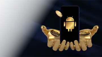 Illustration of golden hands holding a smartphone with an Android logo, representing the mobile app bonus at Lev Casino.