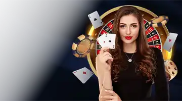 Image of a professional female dealer holding playing cards, set against a roulette wheel, promoting the live dealer bonus at Lev Online Casino.